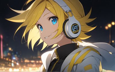 len kagamine, 4k, nachtscape, vokaloid, 3d  kunst, bokeh, blaue augen, protagonisten, manga, vokaloidfiguren, kagamine len, japanische virtuelle sänger, len kagamine vocaloid