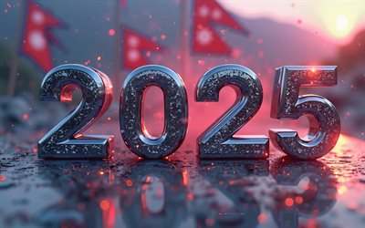 2025 nepal, 4k, resa till nepal 2025, 2025 koncept, nepal 2025 siffror, 3d  konst, nepalflagga, 2025 3d  siffror, berg, nepal