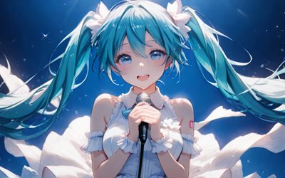 4k, Hatsune Miku, microphone, CV01, blue hair, Vocaloid, concert, Vocaloid characters, Hatsune Miku Vocaloid