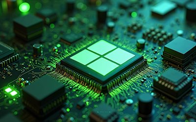 Windows 10 logo, 4k, green neon light, Windows 10 like chip, motherboard, Windows 10 green logo, Windows emblem, Windows