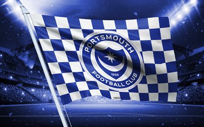 4k, ポーツマスfcロゴ, イングリッシュフットボールクラブ, スタジアム旗, ポーツマスfcファンフラグ, 青い白い旗, ポーツマスfcエンブレム, チャンピオンシップ, イギリス, フットボール, ポーツマスfc