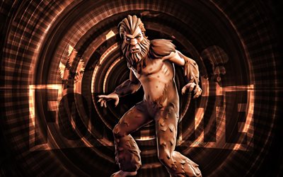 Bigfoot Fortnite, 4k, brown spiral background, Fortnite, creative, Bigfoot Skin, Fortnite Bigfoot Skin, Bigfoot, Fortnite characters