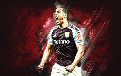 youri tielemans, aston villa fc, belgisk fotboll, bourgogne stone bakgrund, grunge konst, premier league, engelska, fotboll, youri tielemans aston villa