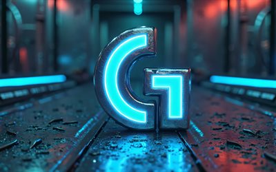 4k, logitech blue neon logo, kreativ, metallhintergrund, marken, logitech metal logo, bokeh, logitech blue logo, kunstwerk, logitech neon logo, logitech logo, logitech