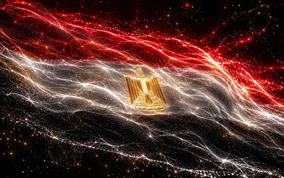 4k, Egypt glowing flag, creative, flag of Egypt, darkness, Day of Egypt, 3D art, Egyptian flag, Egypt neon flag, neon waves Egypt flag, Egypt 3D flag, Egypt abstract flag, Egypt