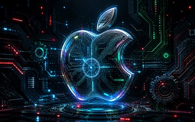 Apple 3D logo, 4k, blue futuristic background, blue neon rays, electronics brands, Apple futuristic logo, Apple metal logo, brands, Apple logo, Apple