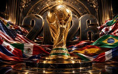 4k, 2026 FIFA World Cup, flags, golden glare, FIFA World Cup Trophy, dark luxurious background, football, FIFA World Cup art, FIFA World Cup 2026, creative, golden trophy, soccer, FIFA World Cup