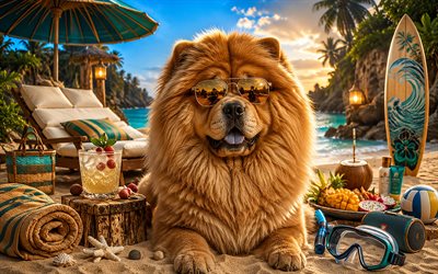 Chow Chow, 4k, summer, tropical beach, beach accessories, sea, sun lounger, sunglasses, Chow Chow on beach, dogs, cocktail, cute animals, beach, pets, dog in sunglasses, Chow Chow Dog