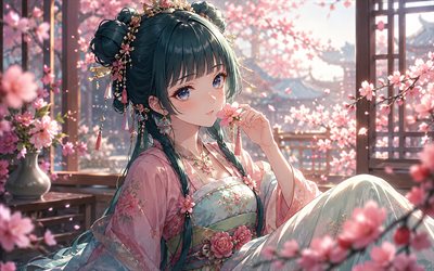MaoMao, 4k, spring, cherry blossom, The Apothecary Diaries, kimono, garden, manga, protagonist, The Apothecary Diaries characters, artwork, MaoMao The Apothecary Diaries