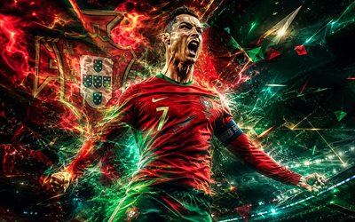 Cristiano Ronaldo, CR7, Portugal national football team, fan art, red green abstract lines background, Cristiano Ronaldo dos Santos Aveiro, creative art, Portugal national football team logo, football, Cristiano Ronaldo Portugal