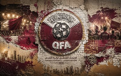 Qatar national football team logo, 4K, stone background, Qatar national football team, 2026 FIFA World Cup, mural art, football, Qatar, Qatar Football Association