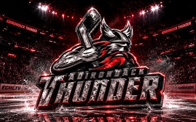 4k, logotipo de metal adirondack thunder, focos, arena de hielo, echl, creativo, hockey, logotipo del trueno de adirondack, estadio de hockey, logotipo 3d del trueno de adirondack, equipo de hockey americano, trueno de adirondack