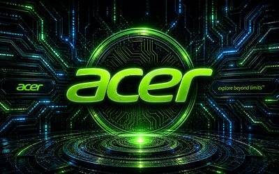 Acer 3D logo, 4k, green futuristic background, green neon rays, electronics brands, Acer futuristic logo, Acer metal logo, brands, Acer logo, Acer