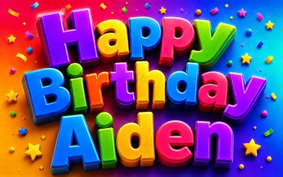 aiden hyvää syntymäpäivää, 4k, värikkäitä 3d kirjaimia, tähdet, luova, aiden nimi, värikäs tausta, aidenin syntymäpäivä, suosittuja amerikkalaisia ​​miesten nimiä, hyvää syntymäpäivää aiden, kuva aiden nimellä, aiden