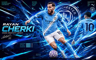 4k, rayan cherki, manchester city fc, vektori taidetta, sininen abstrakti vektori tausta, rayan cherki manchester city fc, luovaa taidetta, manchester city fc  logo, rayan cherki manchester city, jalkapallo, manchester city