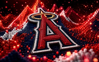 Los Angeles Angels fabric logo, 4k, blue red 3D background, MLB, baseball, Los Angeles Angels logo, Los Angeles Angels emblem, american baseball team, Los Angeles Angels