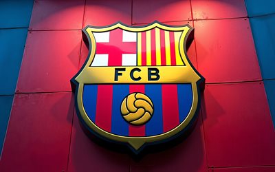 FC Barcelona metal logo, burgundy wall metal background, FC Barcelona metal emblem, stadium, FC Barcelona logo, FC Barcelona metal sign, La Liga, Spain, football, FC Barcelona, Barcelona logo, Barcelona