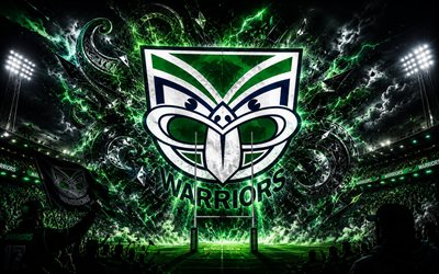abstrakti new zealand warriors  logo, 4k, sininen vihreä abstrakti tausta, nrl, rugby, new zealand warriors  logo, new zealand warriors  tunnus, australian rugbyjoukkue, new zealand warriors