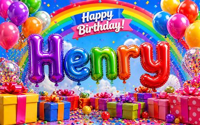 4k, alles gute zum geburtstag, henry, regenbogen, luftballons 3d buchstaben, henry name, henry geburtstag, bunte geschenkboxen, beliebte amerikanische männliche namen, alles gute zum geburtstag henry, bild mit henry namen, heinrich