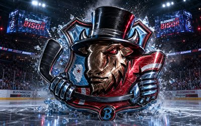 4k, Bloomington Bison metal logo, spotlights, ice arena, ECHL, creative, hockey, Bloomington Bison logo, hockey stadium, Bloomington Bison 3D logo, american hockey team, Bloomington Bison