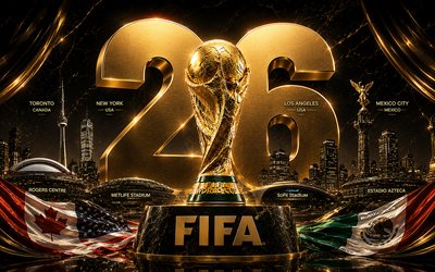 4k, 2026 FIFA World Cup, cityscape, golden glare, FIFA World Cup Trophy, dark luxurious background, football, FIFA World Cup art, FIFA World Cup 2026, creative, golden trophy, soccer, FIFA World Cup