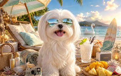 maltés, 4k, verano, playa tropical, accesorios de playa, mar, tumbona, gafas de sol, maltés en la playa, perros, cóctel, animales lindos, playa, mascotas, perro con gafas de sol, perro maltés