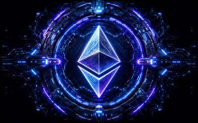 شعار إيثريوم ثلاثي الأبعاد, 4k, خلفية داكنة عالية التقنية, أضواء النيون الزرقاء, الموصلات, دائرة كهربائية دقيقة, العملات المشفرة, العلامات التجارية, شعار الإيثريوم المستقبلي, blockchain, شعار الاثيريوم, ايثريوم