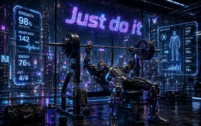 tee se vain, 4k, kyberpunk, neon kirjaimet, kuntosali, motivaatiolainauksia, tee se vain kirjoitus, mies tankon kanssa, violetit neonkirjaimet, tanko, motivaatio, tee se vain käsitteitä
