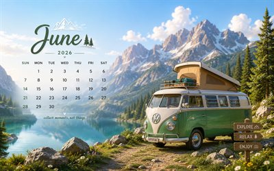 calendario junio 2026, 4k, volkswagen t1, calendario junio ​​2026, autocaravana cerca de un lago de montaña, junio, calendarios 2026, lago de montaña, autocaravana