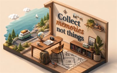 Collect Memories Not Things, 4K, isometric art, travel quotes, Collect moments not things art, motivation, inspiration, popular quotes