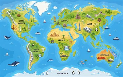 4k, topographic world map, vector art, world landmarks, continents, artwork, abstract world map, landscape map, world maps concepts, world maps