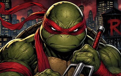 4k, raphael, bıçaklar, çizgi roman sanatı, teenage mutant ninja kaplumbağalar, kapatmak, tmnt karakterleri, mutasyona uğramış kaplumbağalar, tmnt, ninja kaplumbağalar, raphael tmnt, raphael 4k