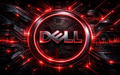 Dell 3D logo, 4k, red futuristic background, red neon rays, electronics brands, Dell metal logo, Dell pink logo, brands, Dell logo, Dell