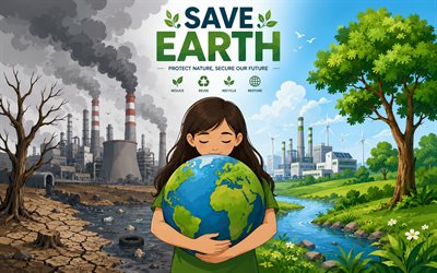 Save Earth, 4k, vector art, girl with globe, factory, ecology concepts, environmental pollution, Save Earth concepts, protect nature, environment concepts, eco concepts, heavy industry, harm to the environment, green tree and factories