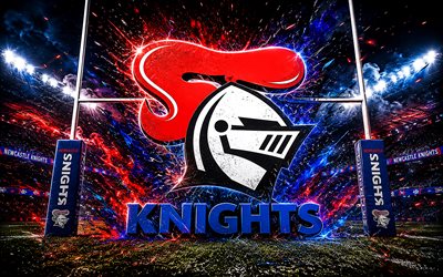 شعار نيوكاسل فرسان مجردة, 4k, خلفية الفرسان الحمراء الزرقاء, nrl, ملعب الرجبي, شعار نيوكاسل نايتس, لعبة الركبي, شعار نيوكاسل فرسان, فريق الرجبي الأسترالي, نيوكاسل فرسان