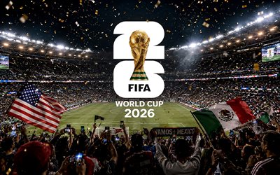 2026 FIFA World Cup logo, 4k, fans, football stadium, golden confetti, FIFA World Cup Trophy, fireworks, football, 2026 FIFA World Cup, FIFA World Cup art, FIFA World Cup 2026, golden trophy, soccer, FIFA World Cup