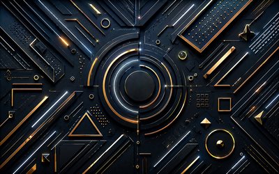 4k, geometriset hahmot, kultaiset neonsäteet, materiaalin suunnittelu, geometriset muodot, luova, geometria, geometrisia kuvioita, taideteos, tumma 3d tausta, tumma abstrakti tausta, muotoja, 3d taustat, metallinen 3d tausta