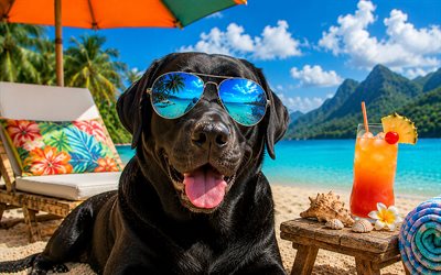 labrador negro, 4k, verano, playa tropical, accesorios de playa, mar, tumbona, gafas de sol, labrador negro en la playa, perros, cóctel, animales lindos, labrador, playa, mascotas, perro con gafas de sol, perro labrador negro