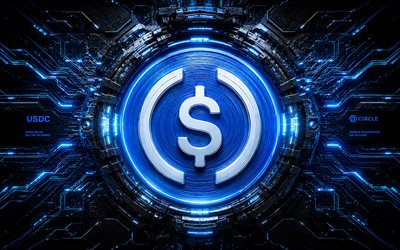 شعار usdc ثلاثي الأبعاد, 4k, خلفية داكنة عالية التقنية, أضواء النيون الزرقاء, الموصلات, دائرة كهربائية دقيقة, العملات المشفرة, العلامات التجارية, شعار usdc المستقبلي, blockchain, شعار usdc, دولار أمريكي