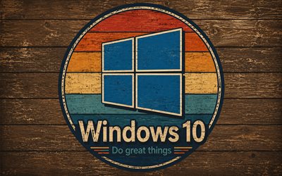 logotipo abstracto de windows 10, 4k, fondo retro de madera, marcas de sistemas operativos, arte retro, logotipo retro de windows 10, marcas, logotipo de windows 10, ventanas 10