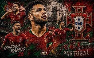 gonçalo ramos, selección de fútbol de portugal, 4k, fondo de piedra, logotipo de la selección de fútbol de portugal, gonçalo ramos portugal, arte mural, fútbol americano, portugal