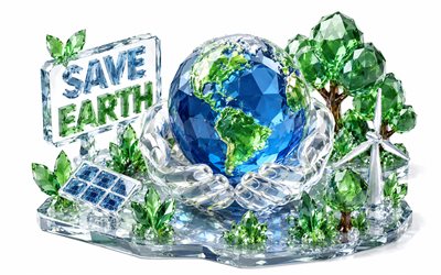 pelasta maapallo, 4k, lasitaidetta, kytkin, maa käsissä, luovia ekologisia käsitteitä, ympäristöön, 3d kidetaidetta, ekologisia käsitteitä, save earth  käsitteet, 3d maa kämmenissäsi, ekologia, pitää huolta luonnosta