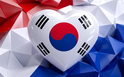 eu amo a coreia do sul, 4k, formas geométricas, fundo 3d colorido, dia da coreia do sul, bandeira da coreia do sul, coração com bandeira sul coreana, obra de arte, corações 3d, bandeira sul coreana, coréia do sul, amor pela coreia do sul