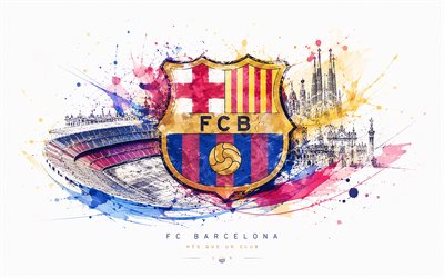 FC Barcelona metal logo, white background, paint splashes art, FC Barcelona metal emblem, FC Barcelona logo, FC Barcelona metal sign, La Liga, Spain, football, FC Barcelona, Barcelona logo, Barcelona