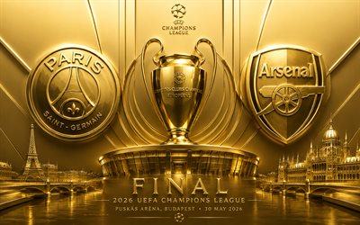 final de la liga de campeones de la uefa 2026, psg vs arsenal fc, arte de oro, psg, arsenal fc, liga de campeones, arte metálico, parís saint germain vs arsenal, parís saint germain, estadio puskás, budapest, fútbol americano
