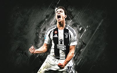 Kenan Yildiz, Juventus FC, white stone background, Turkish football player, grunge art, Serie A, Italy, football, Juve, Kenan Yildiz Juventus FC