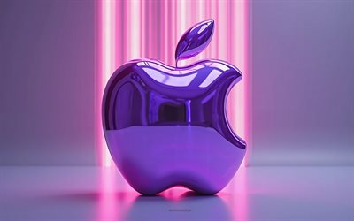 3d purple Apple logo, 4k, Apple emblem, purple background, Apple 3d logo, creative art, Apple logo, Apple