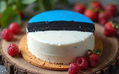 مرسومة علم إستونيا على الكعكة, 4k, الخبز, إستونيا, كعكة مع التوت, علم إستونيا, كعكة مع علم إستونيا, كعكة مثل علم إستونيا, العلم الإستوني