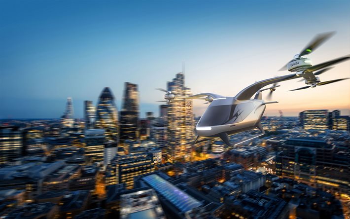 Evolito, 4k, electric helicopters, civil aviation, gray helicopter, aviation, cityscapes, flying helicopters, eVTOL, multipurpose helicopters, pictures with helicopter, Evolito Helicopters