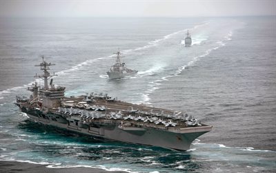USS Theodore Roosevelt, CVN-71, American nuclear aircraft carrier, US Navy, aircraft carrier in the ocean, USS John Paul Jones, DDG-53, American destroyer, warships, USA